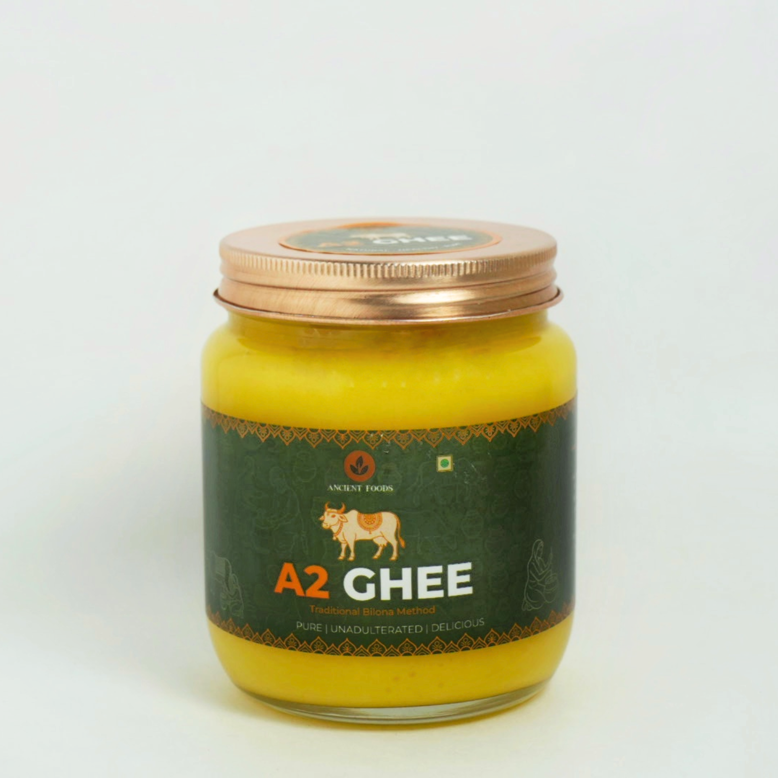 Pure A2 Bilona Cow Ghee in Glass Jar with Green Label
